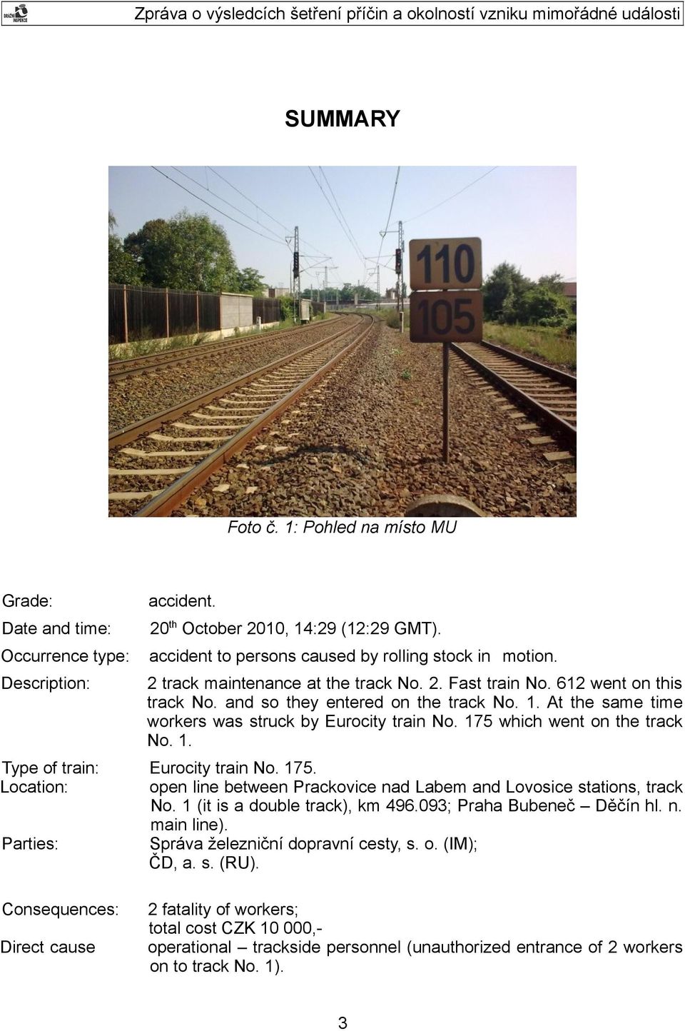 175 which went on the track No. 1. Type of train: Location: Eurocity train No. 175. open line between Prackovice nad Labem and Lovosice stations, track No. 1 (it is a double track), km 496.