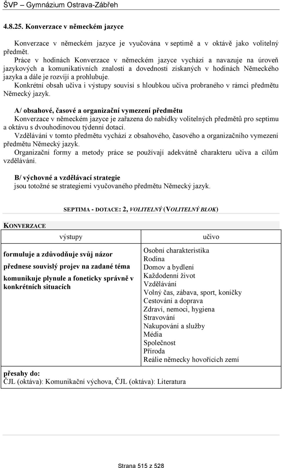Konkrétní obsah učiva i souvisí s hloubkou učiva probraného v rámci předmětu Německý jazyk.