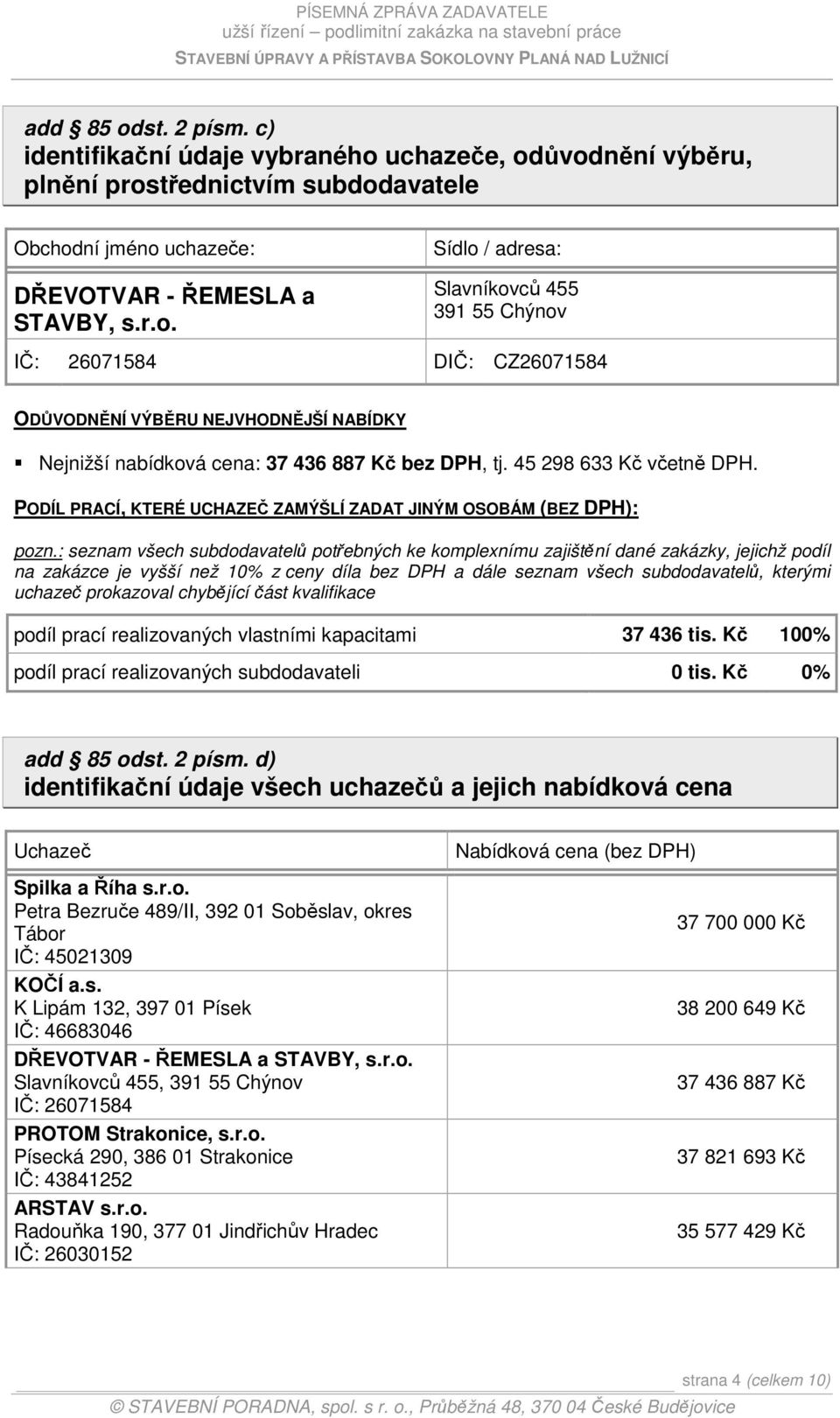 : seznam všech subdodavatelů potřebných ke komplexnímu zajištění dané zakázky, jejichž podíl na zakázce je vyšší než 10% z ceny díla bez DPH a dále seznam všech subdodavatelů, kterými uchazeč