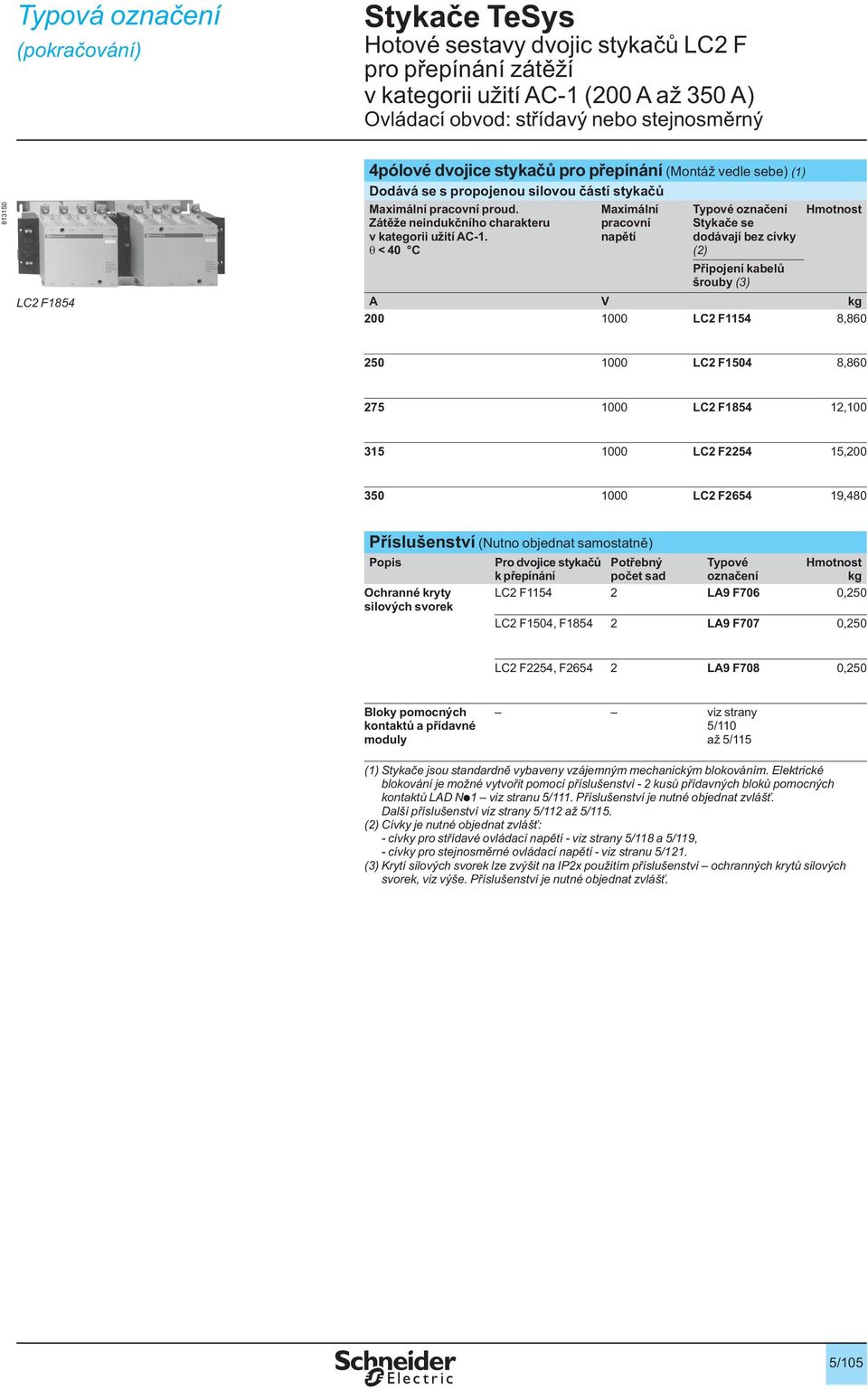 θ < 40 C Maximální pracovní napětí Typové označení Stykače se dodávají bez cívky (2) Připojení kabelů šrouby (3) A V kg 200 1000 LC2 F1154 8,860 250 1000 LC2 F1504 8,860 275 1000 LC2 F1854 12,100 315