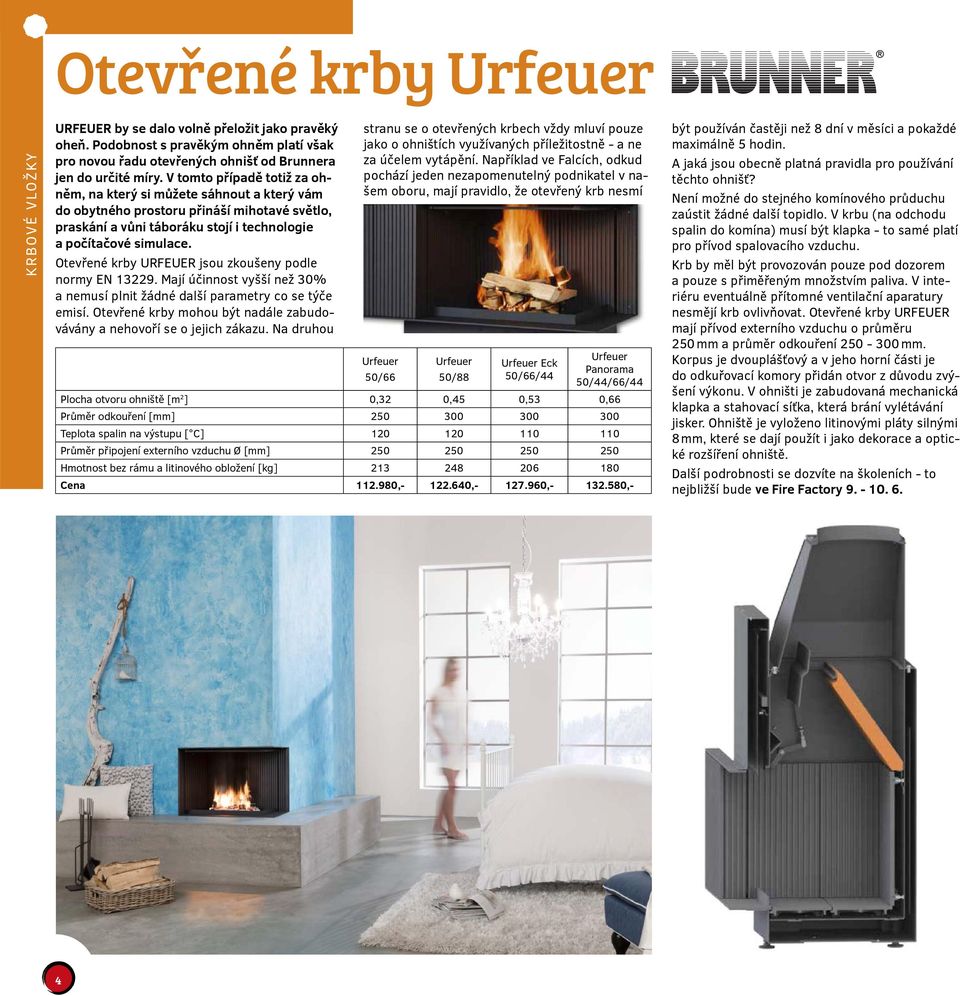 Otevřené krby URFEUER jsou zkoušeny podle normy EN 13229. Mají účinnost vyšší než 30% a nemusí plnit žádné další parametry co se týče emisí.