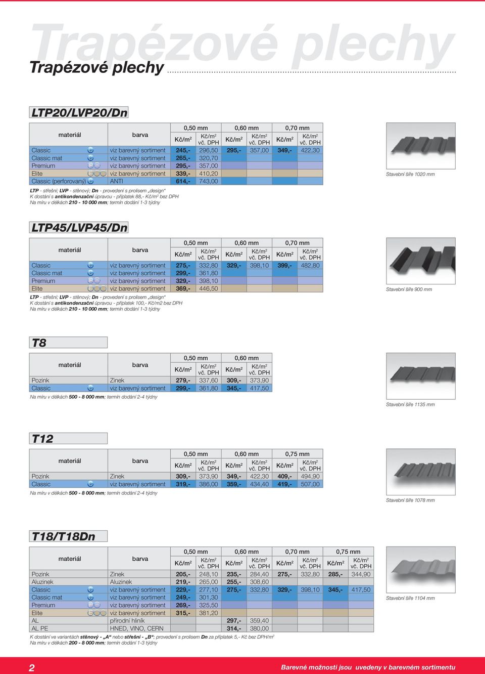 dostání s antikondenzační úpravou - příplatek 88,- bez Na míru v délkách 210-10 000 mm; termín dodání 1-3 týdny Stavební šíře 1020 mm LTP45/LVP45/Dn 0,50 mm 0,60 mm 0,70 mm 2 2 Classic C viz barevný