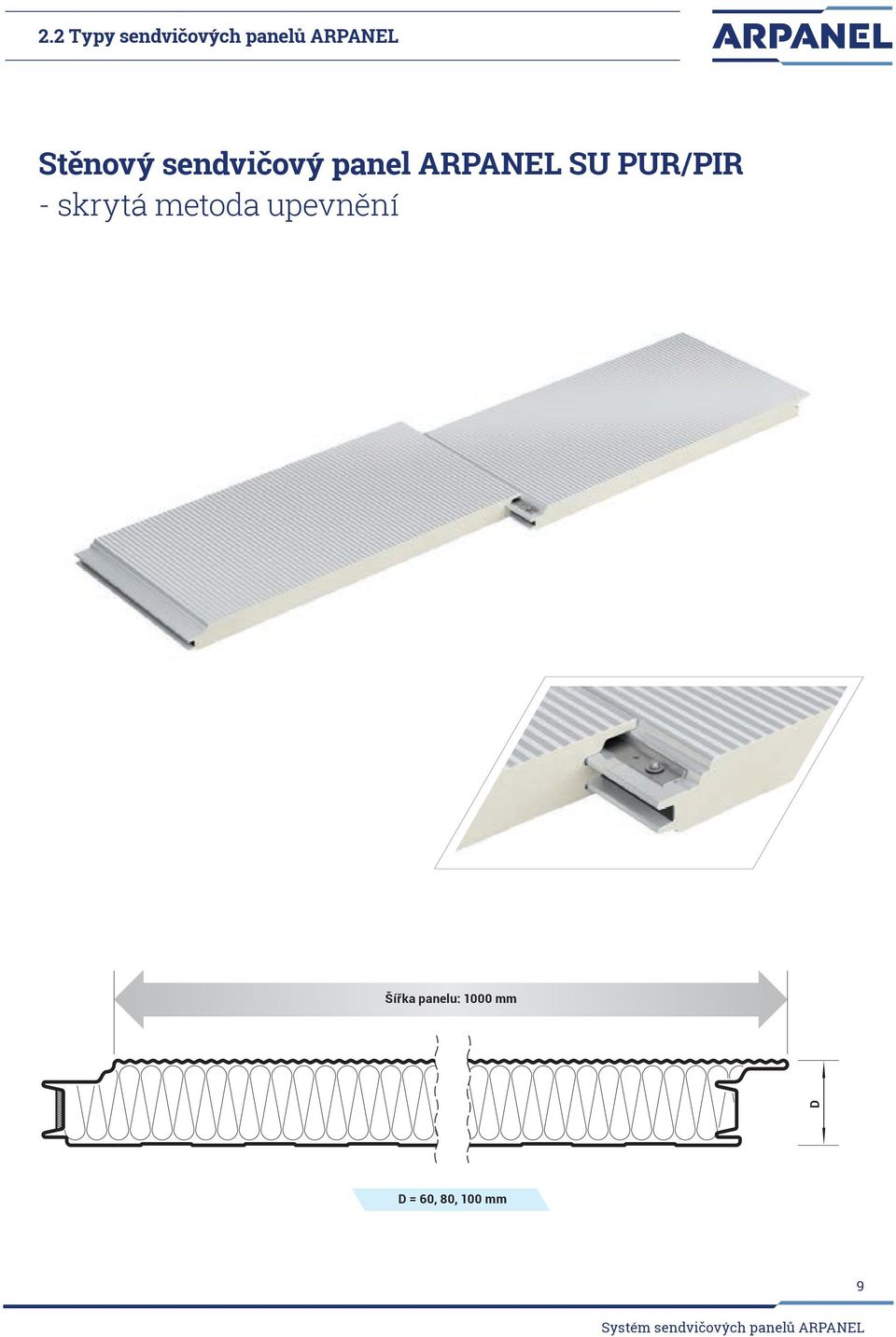 D D = 40, 60, 80, 100 mm Šířka panelu: 1000 mm D D = 60, 80, 100 mm