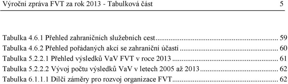 2 Přehled pořádaných akcí se zahraniční účastí... 60 Tabulka 5.2.2.1 Přehled výsledků VaV FVT v roce 2013.