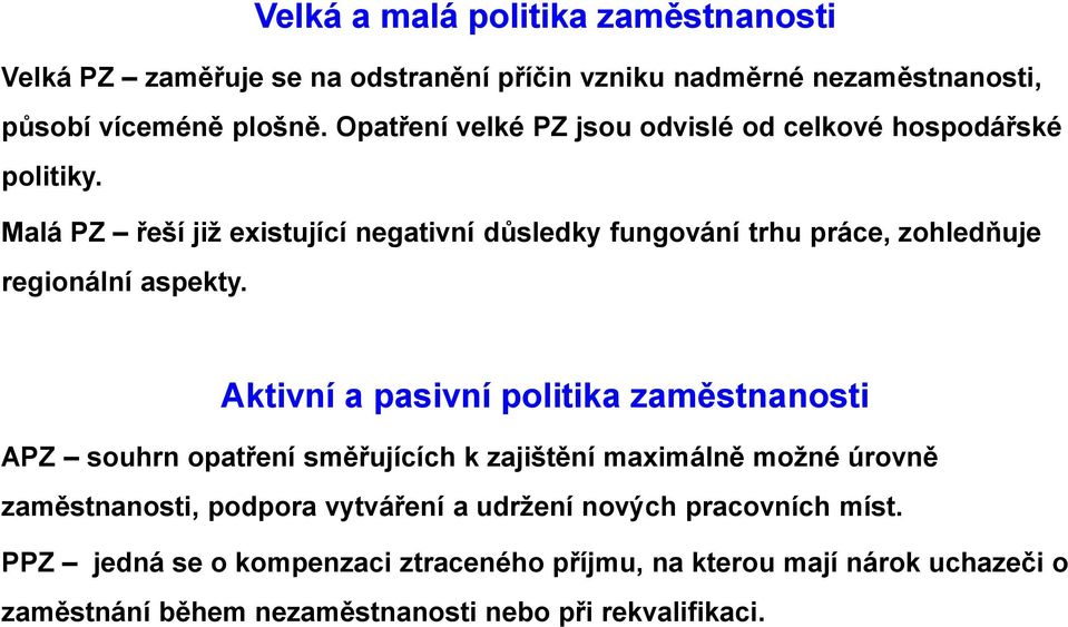 Malá PZ řeší již existující negativní důsledky fungování trhu práce, zohledňuje regionální aspekty.