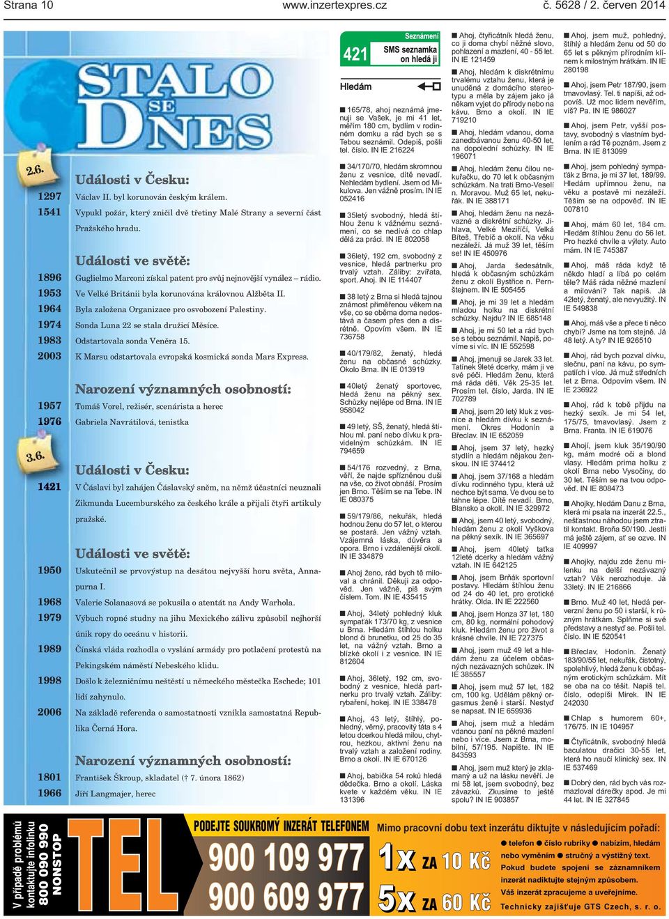 družicí Měsíce 1983 Odstartovala sonda Veněra 15 2003 K Marsu odstartovala evropská kosmická sonda Mars Express 1957 Tomáš Vorel, režisér, scenárista a herec 1976 Gabriela Navrátilová, tenistka 36