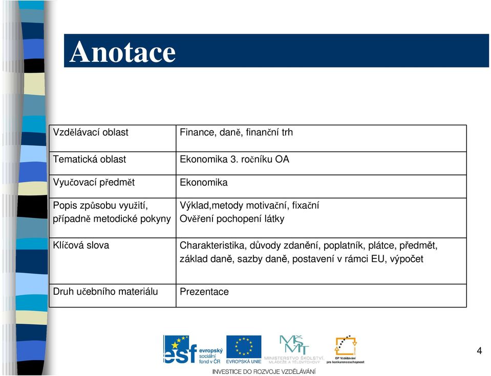 ročníku OA Ekonomika Výklad,metody motivační, fixační Ověření pochopení látky Charakteristika,