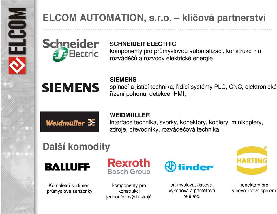 spínací a jistící technika, řídící systémy PLC, CNC, elektronické řízení pohonů, detekce, HMI, Další komodity WEIDMÜLLER interface technika,