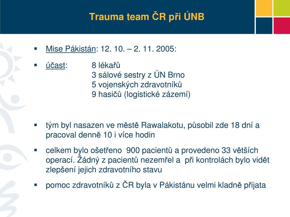 nasazen ve městě Rawalakotu, působil zde 18 dní a pracoval denně 10 i více hodin celkem bylo ošetřeno 900 pacientů