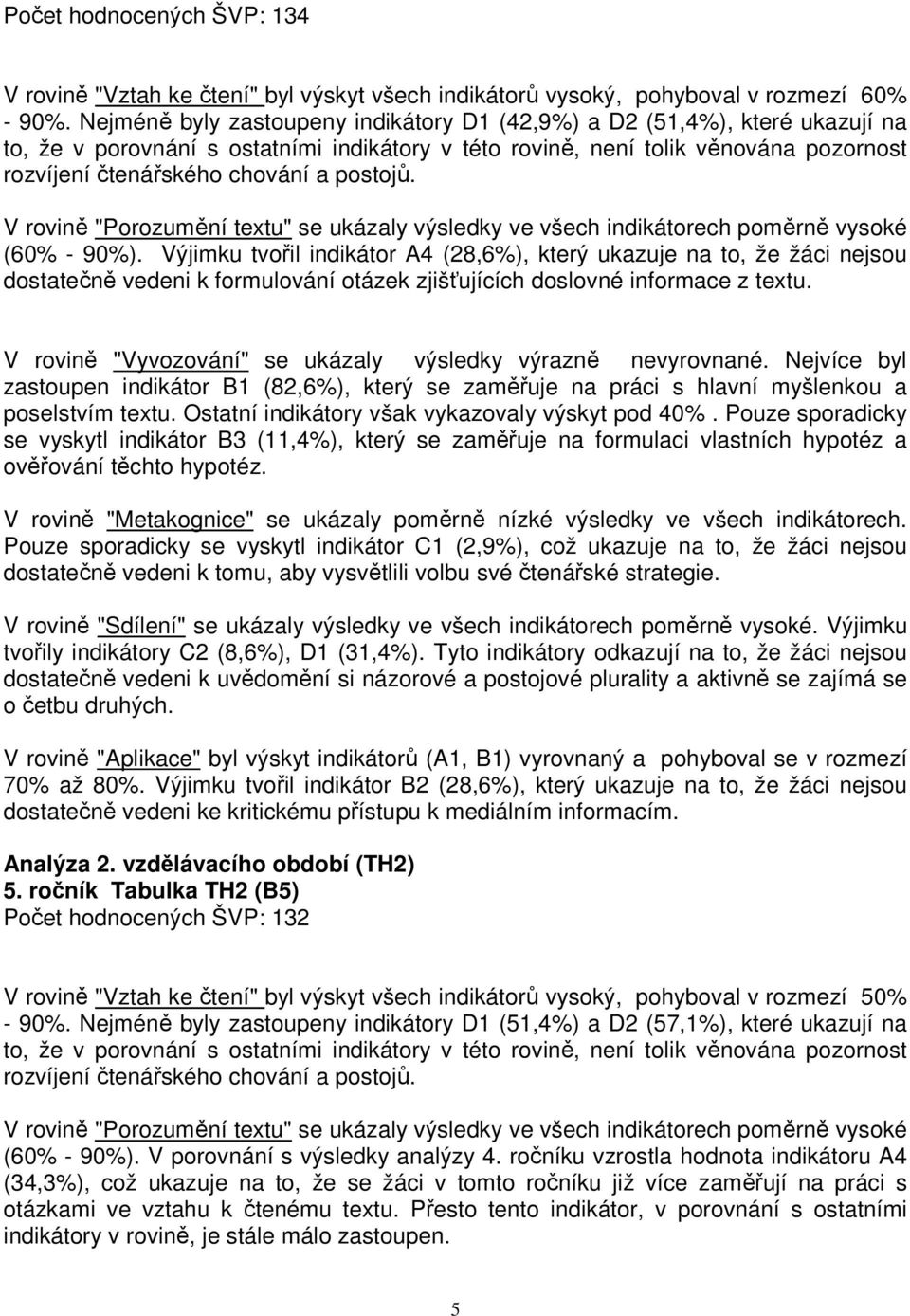 postojů. V rovině "Porozumění textu" se ukázaly výsledky ve všech indikátorech poměrně vysoké (60% - 90%).