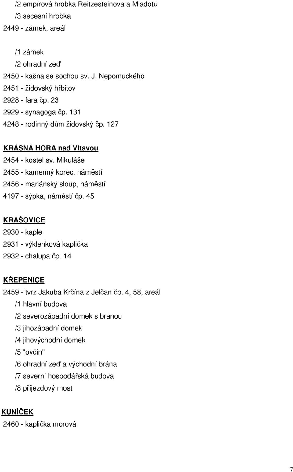 Mikuláše 2455 - kamenný korec, náměstí 2456 - mariánský sloup, náměstí 4197 - sýpka, náměstí čp. 45 KRAŠOVICE 2930 - kaple 2931 - výklenková kaplička 2932 - chalupa čp.