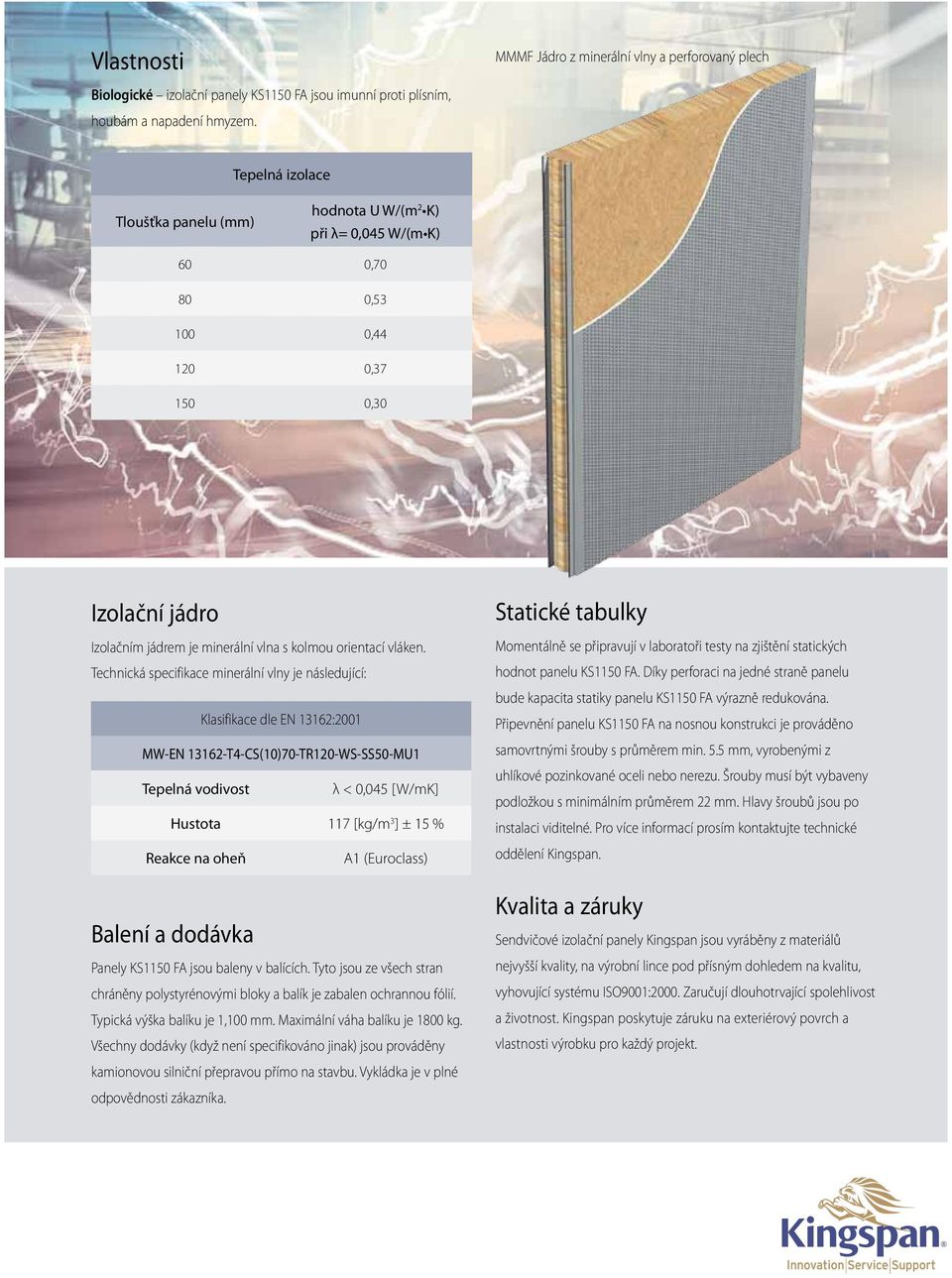 Technická specifikace minerální vlny je následující: Klasifikace dle EN 13162:2001 MW-EN 13162-T4-CS(10)70-TR120-WS-SS50-MU1 Tepelná vodivost λ < 0,045 [W/mK] Hustota 117 [kg/m 3 ] ± 15 % Reakce na