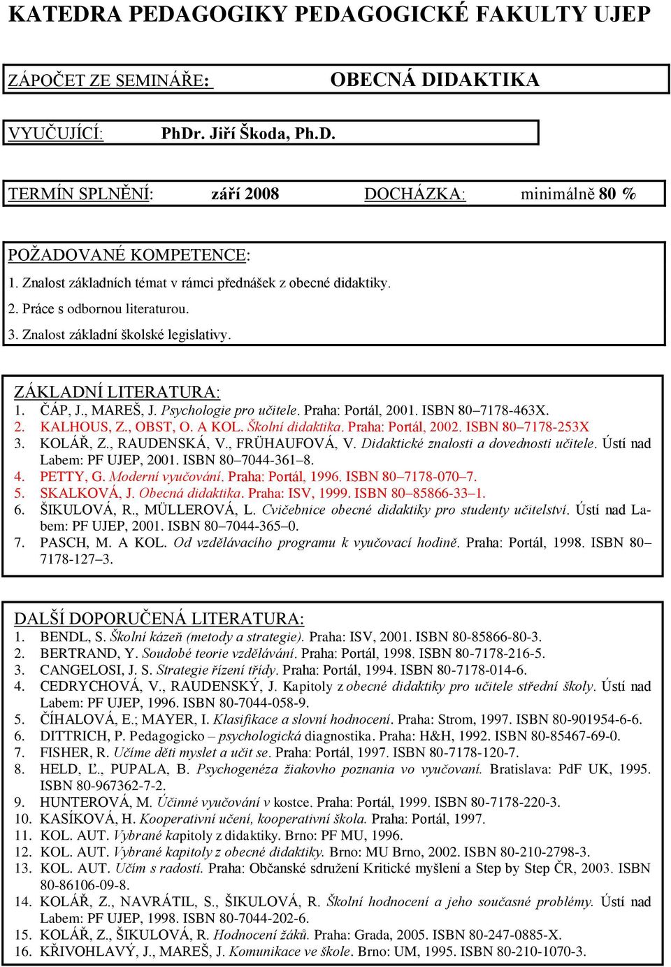 Psychologie pro učitele. Praha: Portál, 2001. ISBN 80 7178-463X. 2. KALHOUS, Z., OBST, O. A KOL. Školní didaktika. Praha: Portál, 2002. ISBN 80 7178-253X 3. KOLÁŘ, Z., RAUDENSKÁ, V., FRÜHAUFOVÁ, V.