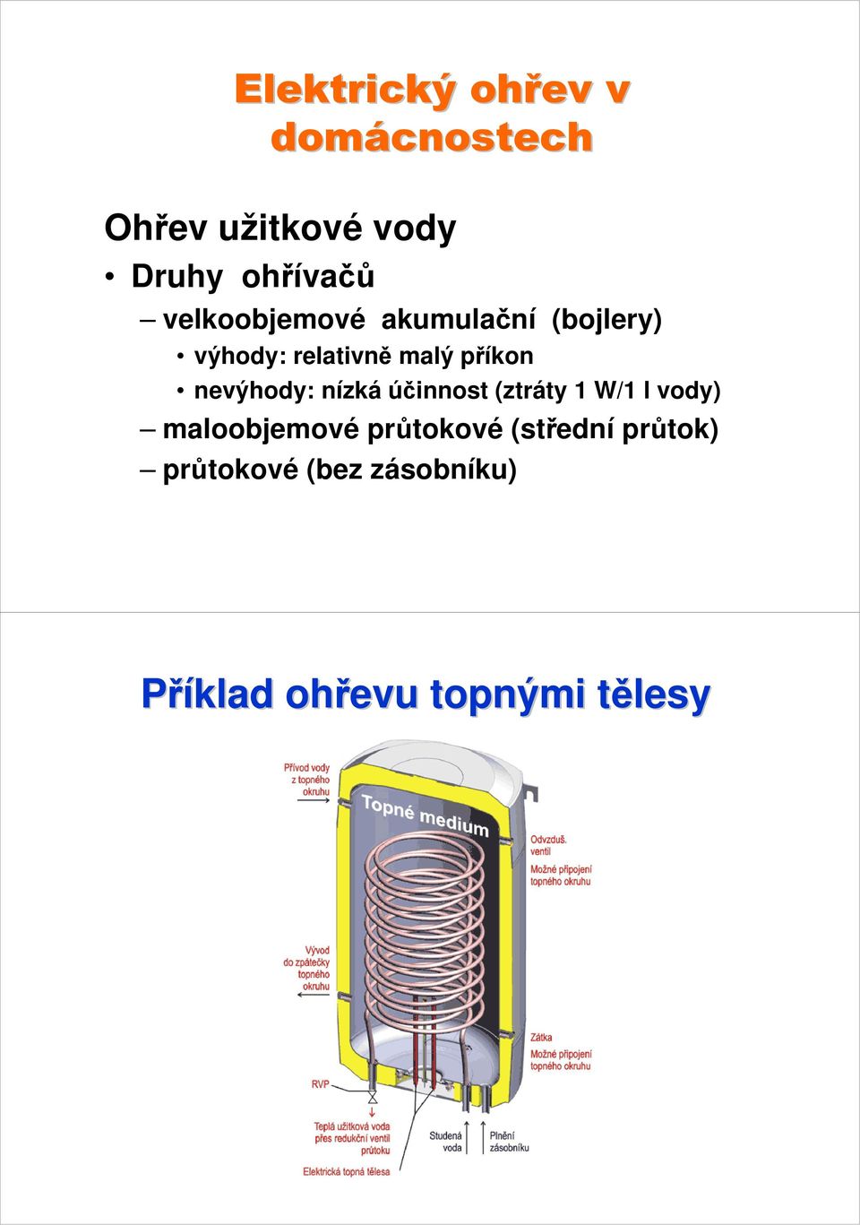 nevýhody: nízká účinnost (ztráty 1 W/1 l vody) maloobjemové