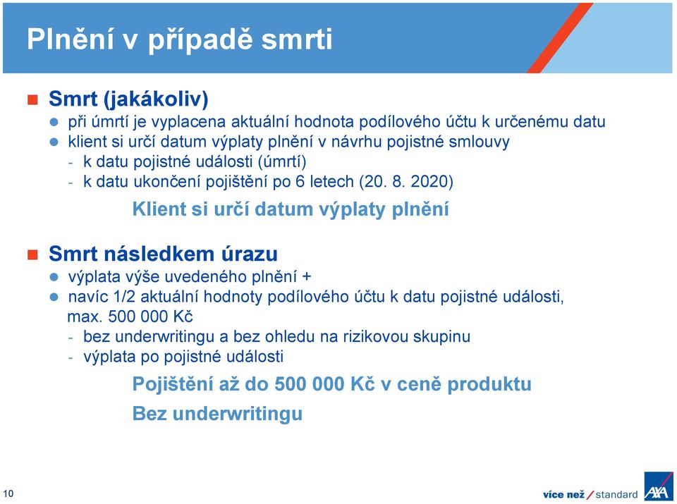 2020) Klient si určí datum výplaty plnění Smrt následkem úrazu výplata výše uvedeného plnění + navíc 1/2 aktuální hodnoty podílového účtu k datu