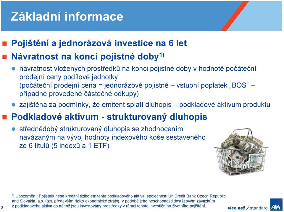 Podkladové aktivum - strukturovaný dluhopis střednědobý strukturovaný dluhopis se zhodnocením navázaným na vývoj hodnoty indexového koše sestaveného ze 6 titulů (5 indexů a 1 ETF) 3 1) Upozornění: