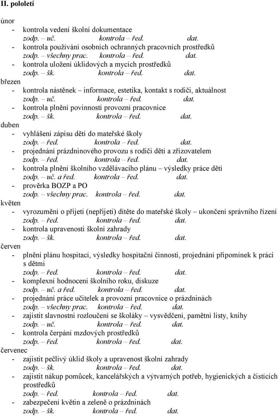 řed. kntrla řed. dat. - prjednání prázdninvéh prvzu s rdiči dětí a zřizvatelem zdp. řed. kntrla řed. dat. - kntrla plnění šklníh vzdělávacíh plánu výsledky práce dětí zdp. uč. a řed. kntrla řed. dat. - prvěrka BOZP a PO zdp.