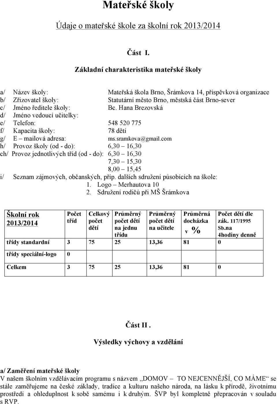 školy: Bc. Hana Brezovská d/ Jméno vedoucí učitelky: e/ Telefon: 548 520 775 f/ Kapacita školy: 78 dětí g/ E mailová adresa: ms.sramkova@gmail.