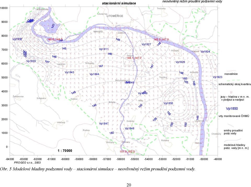 o Vp1845 Travčice Nučničky Vp1923 rozvodnice schematický okraj kvartéru 4000 3000 Želechovice Siřejovice Keblice Brňany Vp1846 Hrdly Vp1850 jezy hladina v m 