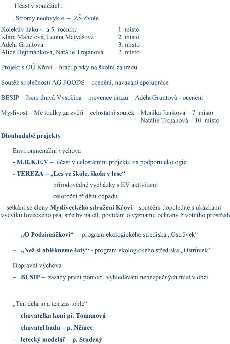 místo Projekt s OÚ Křoví hrací prvky na školní zahradu Soutěž společnosti AG FOODS ocenění, navázání spolupráce BESIP Jsem dravá Vysočina prevence úrazů Adéla Gruntová - ocenění Myslivost Mé toulky