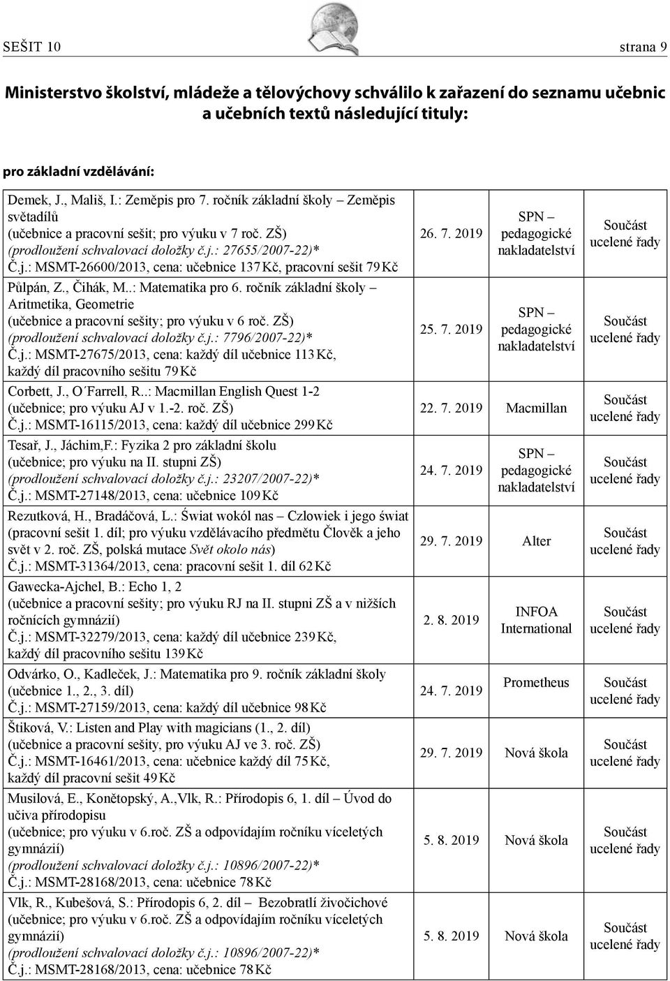 : 27655/2007-22)* Č.j.: MSMT-26600/2013, cena: učebnice 137 Kč, pracovní sešit 79 Kč Půlpán, Z., Čihák, M..: Matematika pro 6.