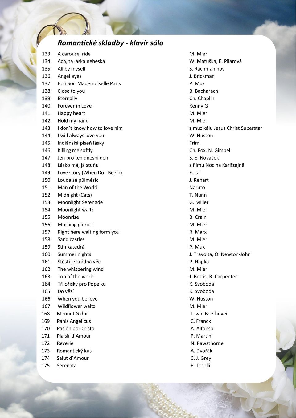 Mier 143 I don t know how to love him z muzikálu Jesus Christ Superstar 144 I will always love you W. Huston 145 Indiánská píseň lásky Friml 146 Killing me softly Ch. Fox, N.
