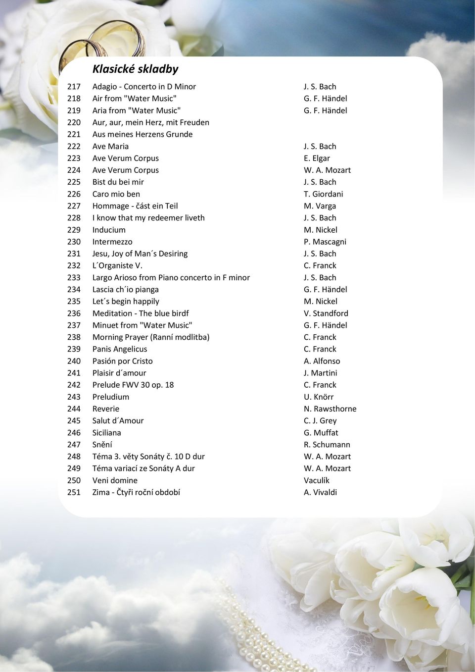 Varga 228 I know that my redeemer liveth J. S. Bach 229 Inducium M. Nickel 230 Intermezzo P. Mascagni 231 Jesu, Joy of Man s Desiring J. S. Bach 232 L Organiste V. C.