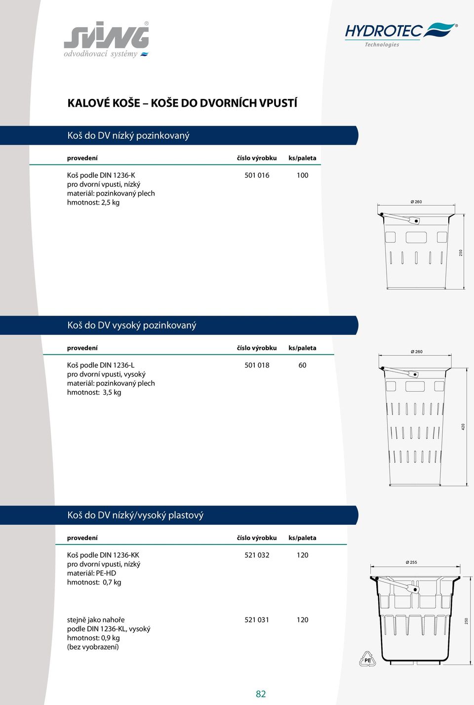 018 60 420 250 Ø 260 Koš do DV nízký/vysoký plastový Koš podle DIN 1236-KK pro dvorní vpusti, nízký materiál: PE-HD