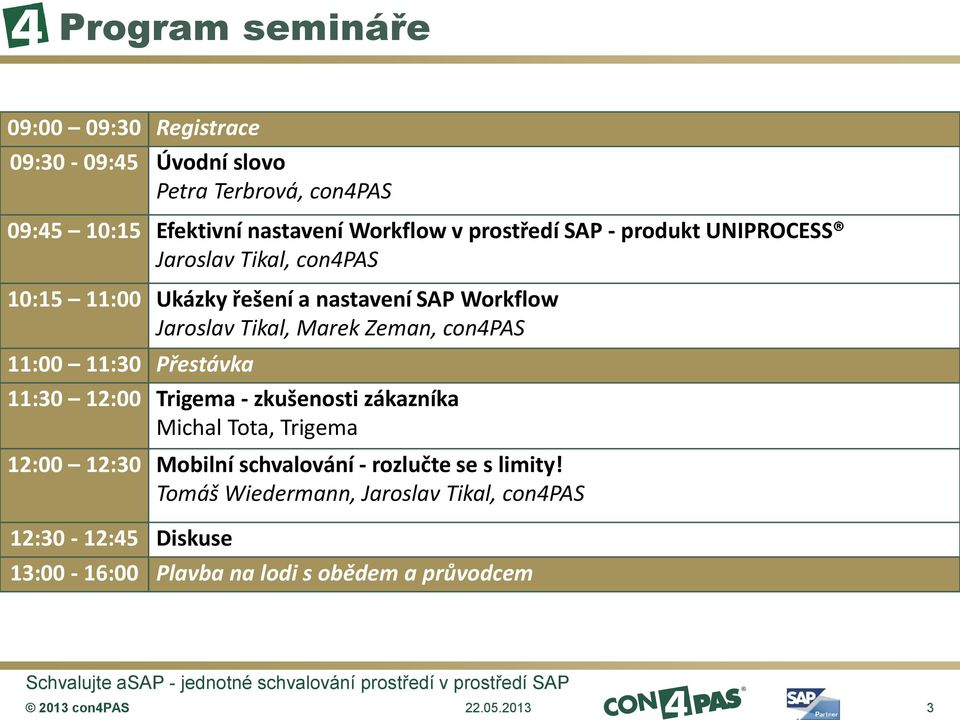 Zeman, con4pas 11:00 11:30 Přestávka 11:30 12:00 Trigema - zkušenosti zákazníka Michal Tota, Trigema 12:00 12:30 Mobilní schvalování -