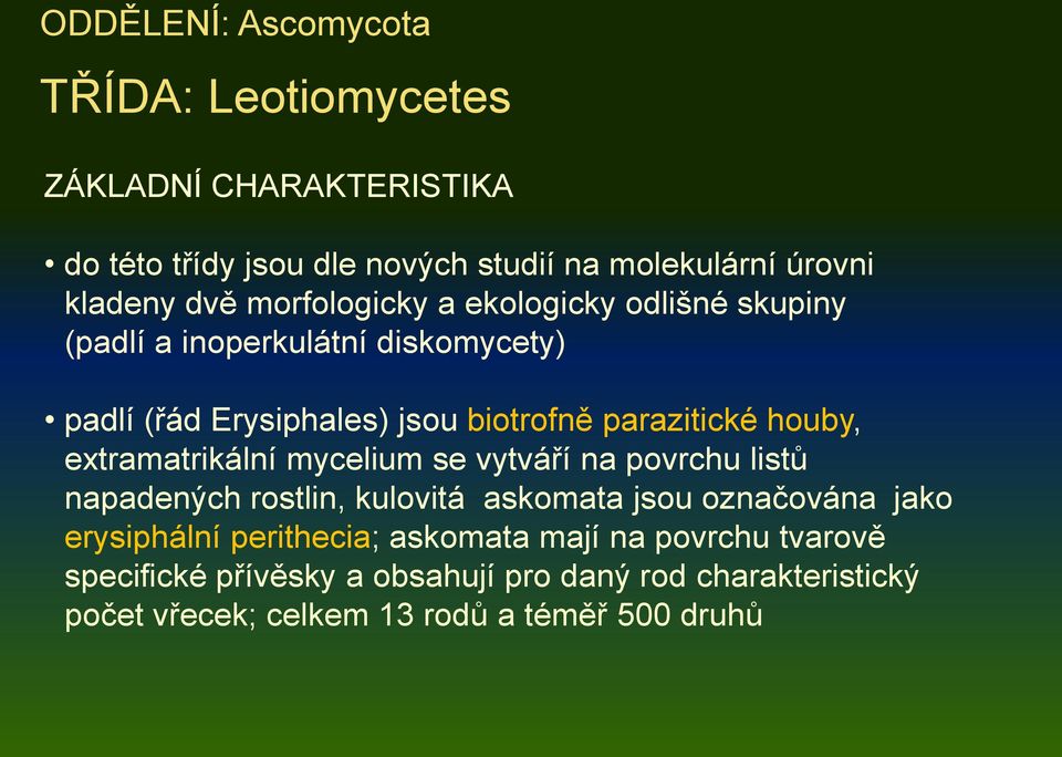 extramatrikální mycelium se vytváří na povrchu listů napadených rostlin, kulovitá askomata jsou označována jako erysiphální perithecia;