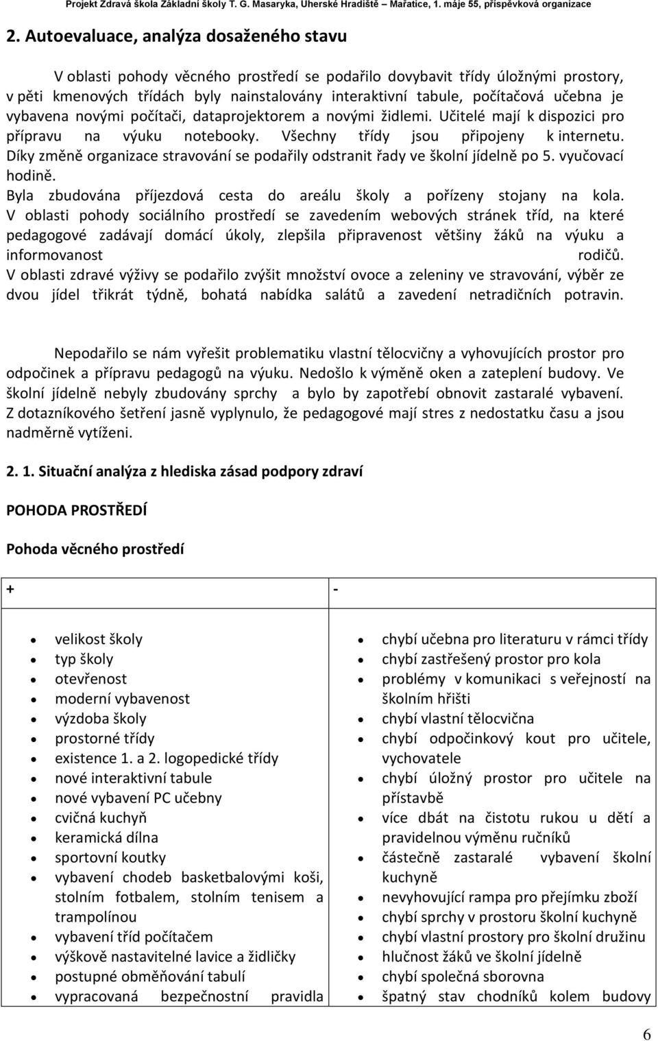 Díky změně organizace stravování se podařily odstranit řady ve školní jídelně po 5. vyučovací hodině. Byla zbudována příjezdová cesta do areálu školy a pořízeny stojany na kola.
