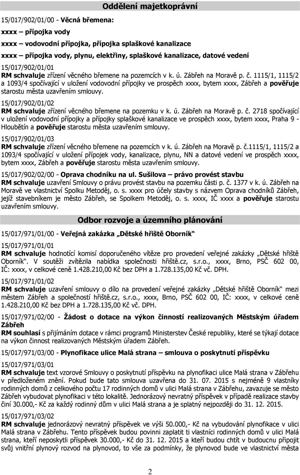 1115/1, 1115/2 a 1093/4 spočívající v uložení vodovodní přípojky ve prospěch xxxx, bytem xxxx, Zábřeh a pověřuje starostu města uzavřením 15/017/902/01/02 RM schvaluje zřízení věcného břemene na