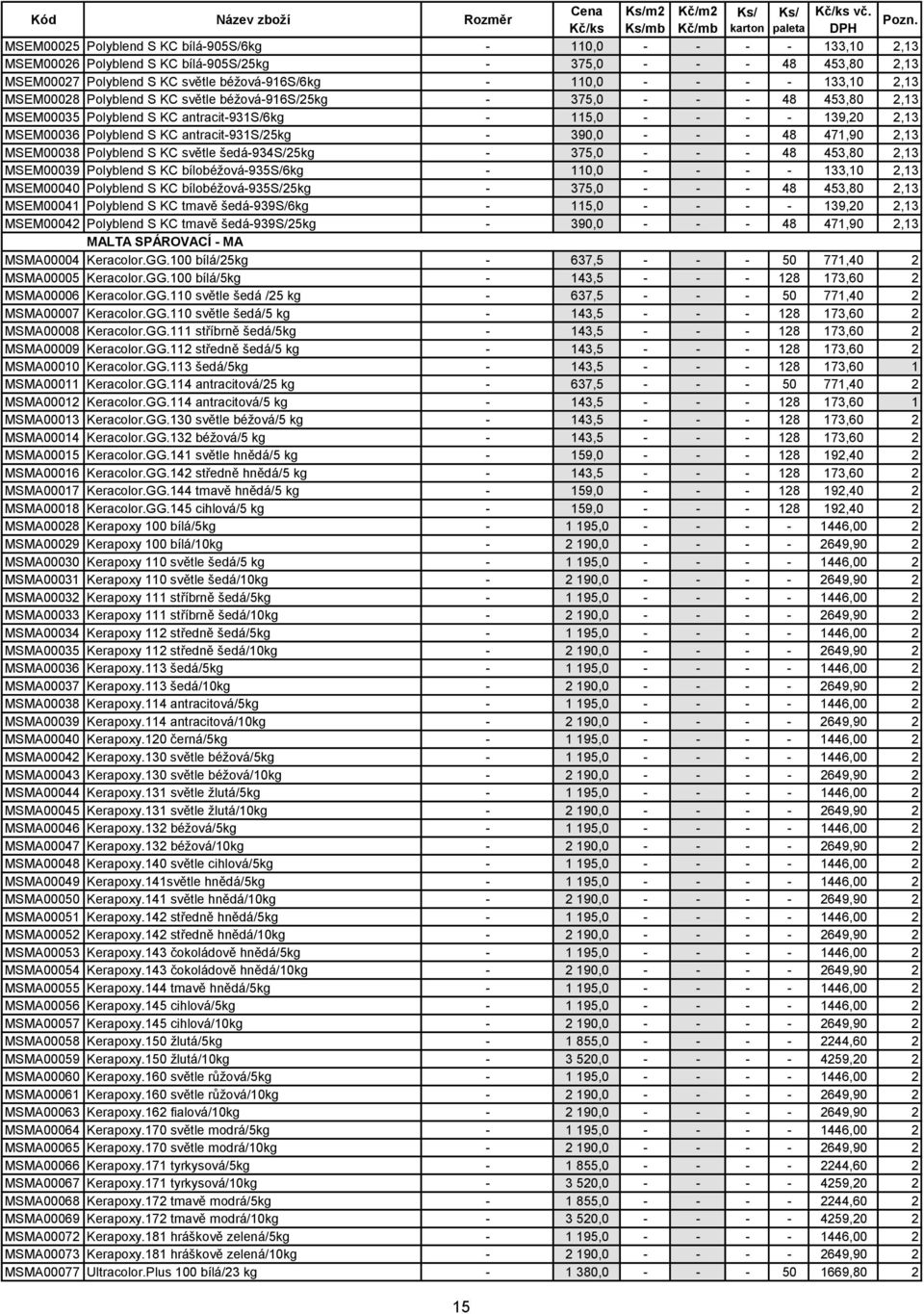 světle béžová-916s/6kg - 110,0 - - - - 133,10 2,13 MSEM00028 Polyblend S KC světle béžová-916s/25kg - 375,0 - - - 48 453,80 2,13 MSEM00035 Polyblend S KC antracit-931s/6kg - 115,0 - - - - 139,20 2,13