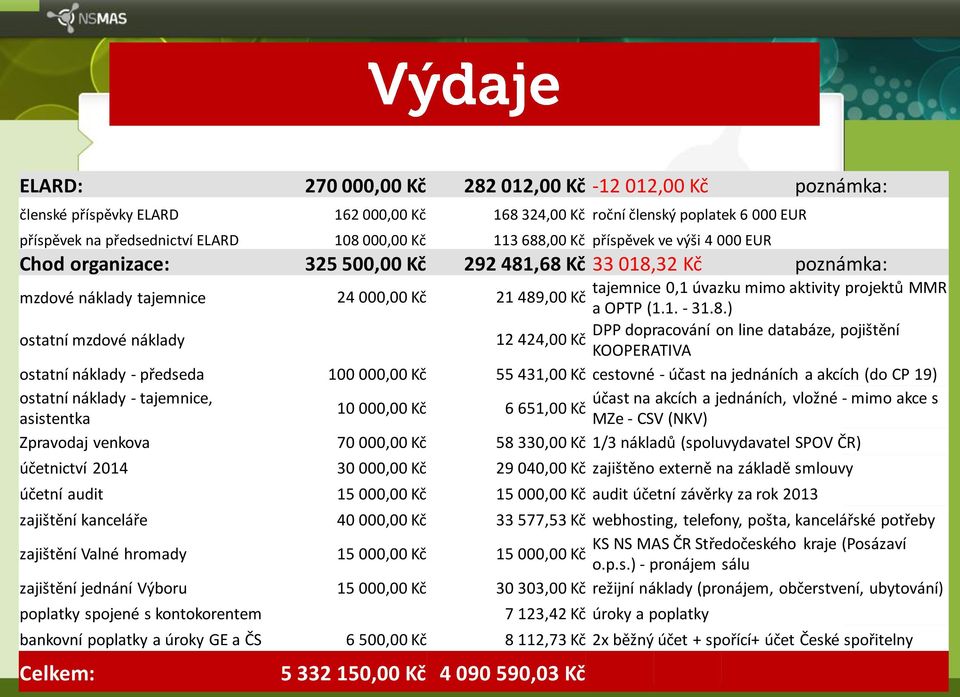 489,00 Kč a OPTP (1.1. - 31.8.) ostatní mzdové náklady DPP dopracování on line databáze, pojištění 12 424,00 Kč KOOPERATIVA ostatní náklady - předseda 100 000,00 Kč 55 431,00 Kč cestovné - účast na