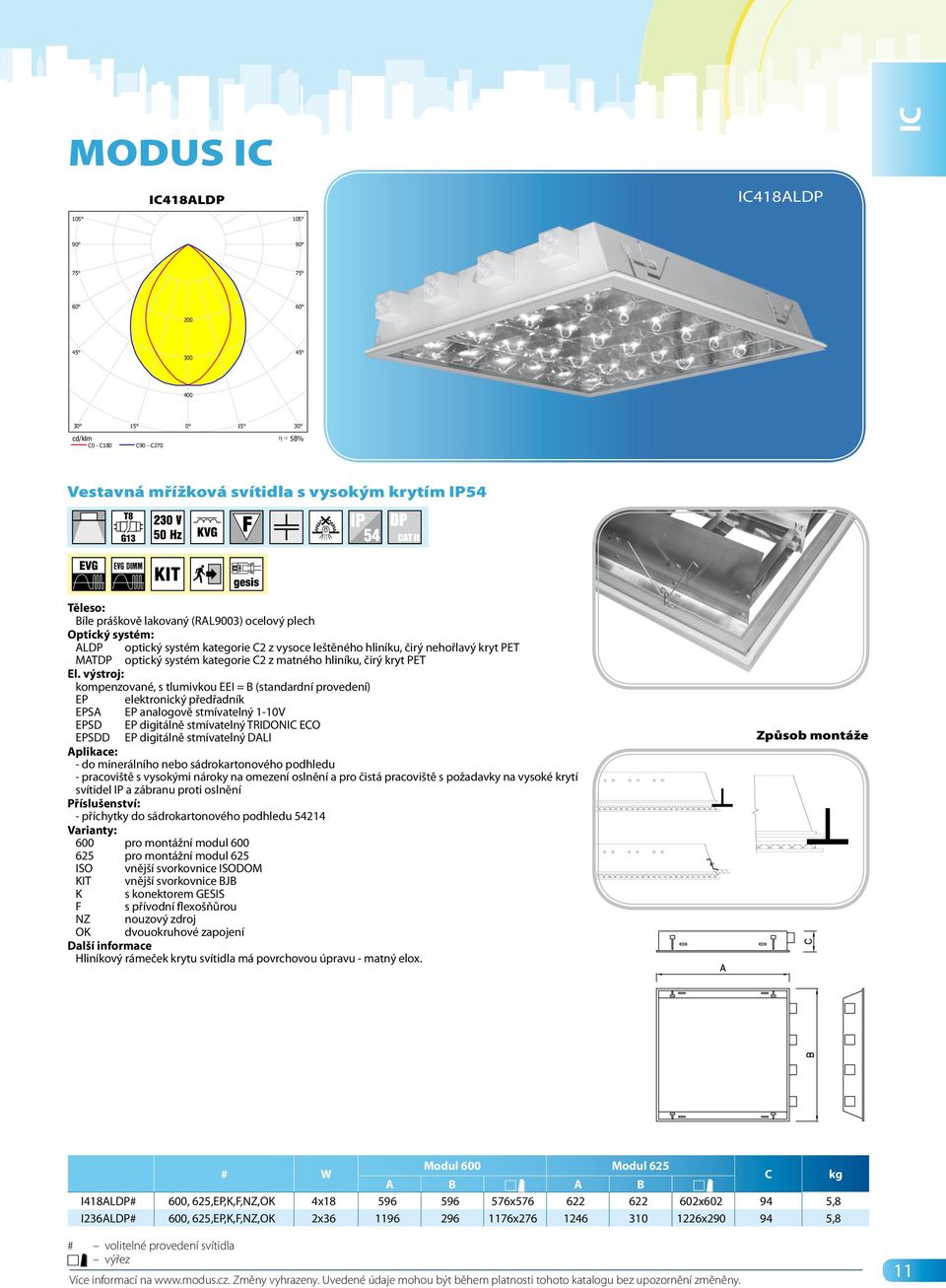 ldt MODUS I 418 ALDP Zářivkové, DP mřížka, optika, vestavné Zdroje:: 4 x L 18 W/840 G13 18W IC418ALDP IC418ALDP IC 200 300 400 30 15 0 15 30 cd/klm C0 - C180 C90 - C270 58% Vestavná mřížková svítidla