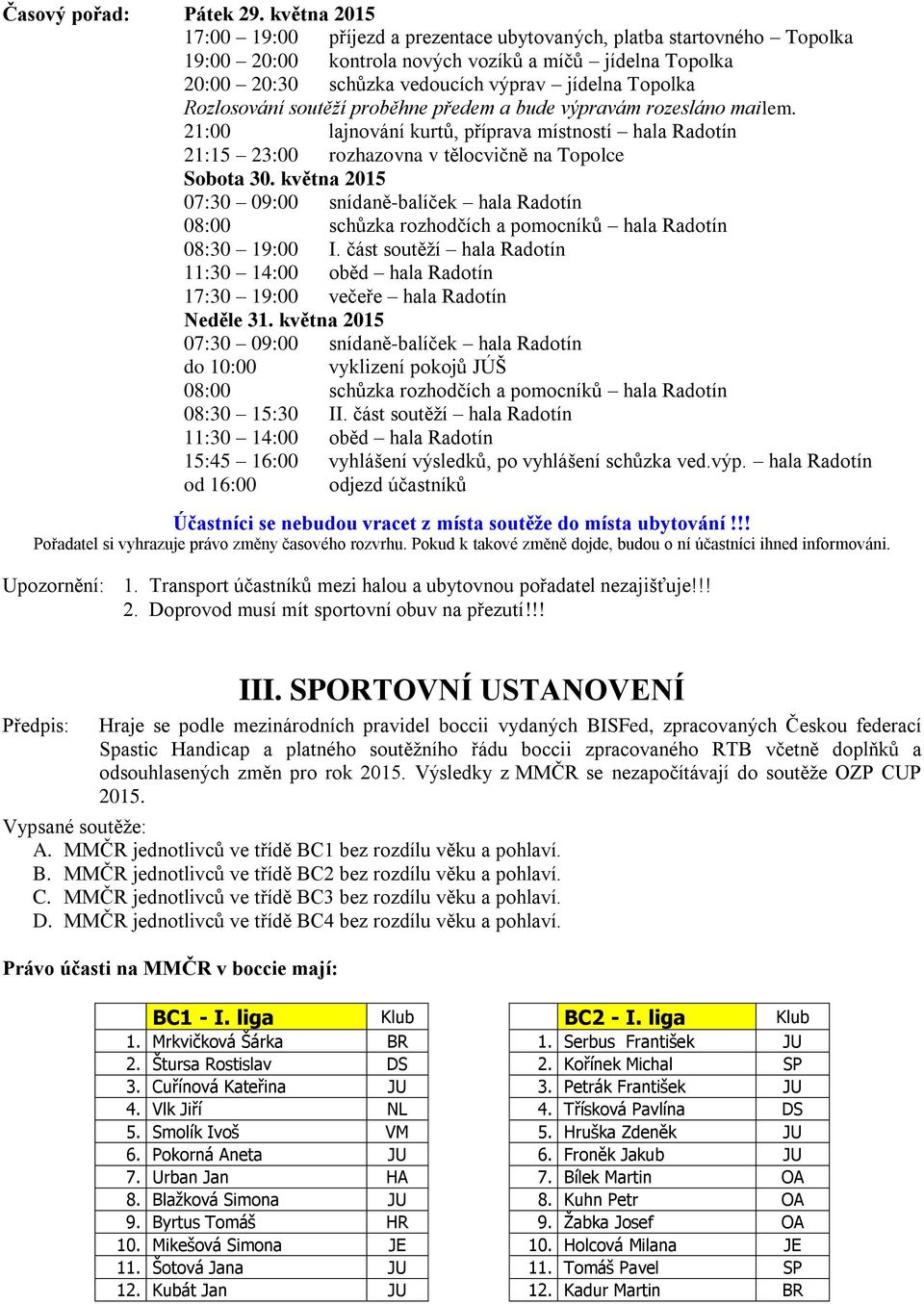 Rozlosování soutěží proběhne předem a bude výpravám rozesláno mailem. 21:00 lajnování kurtů, příprava místností hala Radotín 21:15 23:00 rozhazovna v tělocvičně na Topolce Sobota 30.