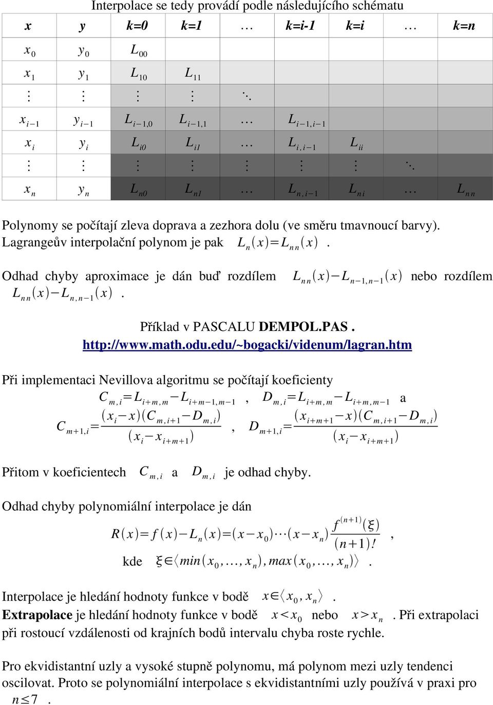 Odhad chyby aproximace je dán buď rozdílem L n n x L n 1, n 1 x nebo rozdílem L n n x L n,n 1 x. Příklad v PASCALU DEMPOL.PAS. http://www.math.odu.edu/~bogacki/videnum/lagran.