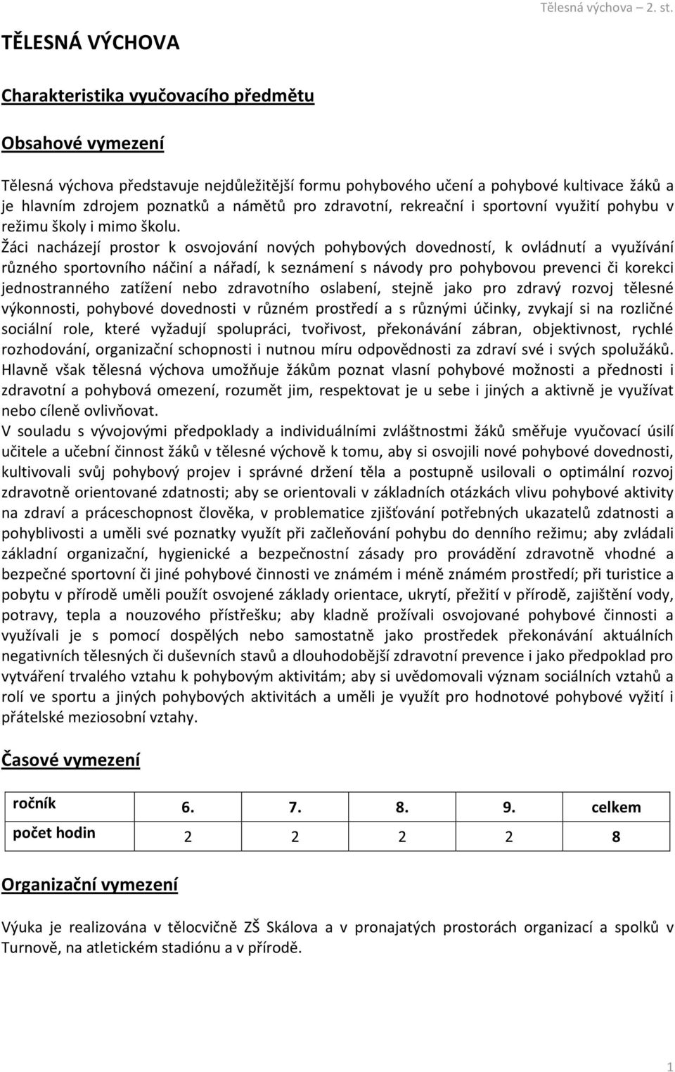 Žáci nacházejí prostor k osvojování nových pohybových dovedností, k ovládnutí a využívání různého sportovního náčiní a nářadí, k seznámení s návody pro pohybovou prevenci či korekci jednostranného