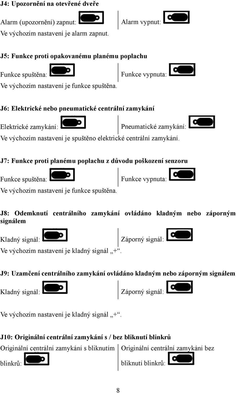 Funkce vypnuta: J6: Elektrické nebo pneumatické centrální zamykání Elektrické zamykání: Pneumatické zamykání: Ve výchozím nastavení je spuštěno elektrické centrální zamykání.