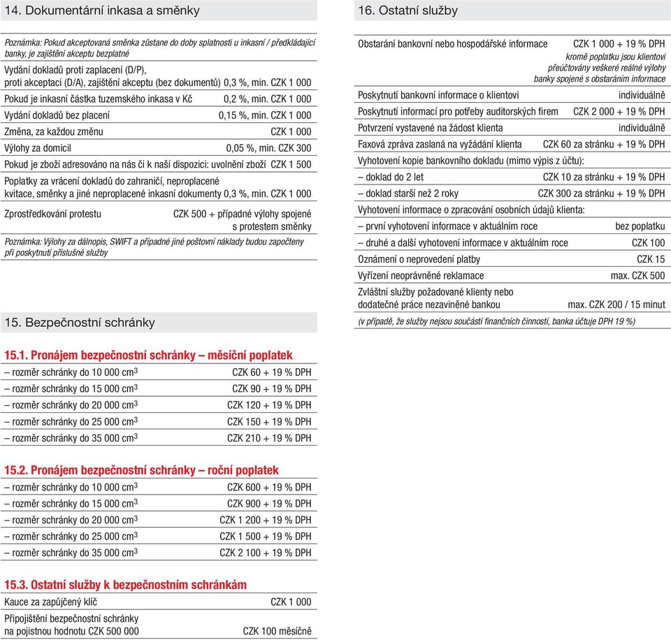 (D/A), zajištění akceptu (bez dokumentů) 0,3 %, min. CZK 1 000 Pokud je inkasní částka tuzemského inkasa v Kč 0,2 %, min. CZK 1 000 Vydání dokladů bez placení 0,15 %, min.