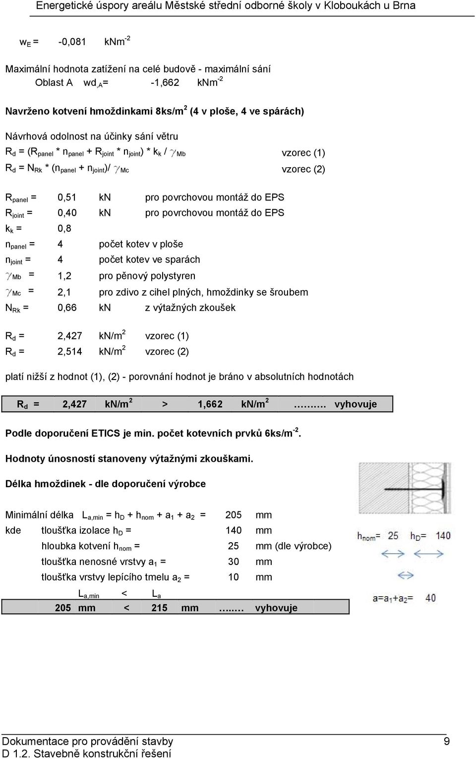 pro povrchovou montáž do EPS k k = 0,8 n panel = 4 počet kotev v ploše n joint = 4 počet kotev ve sparách g Mb = 1,2 pro pěnový polystyren g Mc = 2,1 pro zdivo z cihel plných, hmoždinky se šroubem N