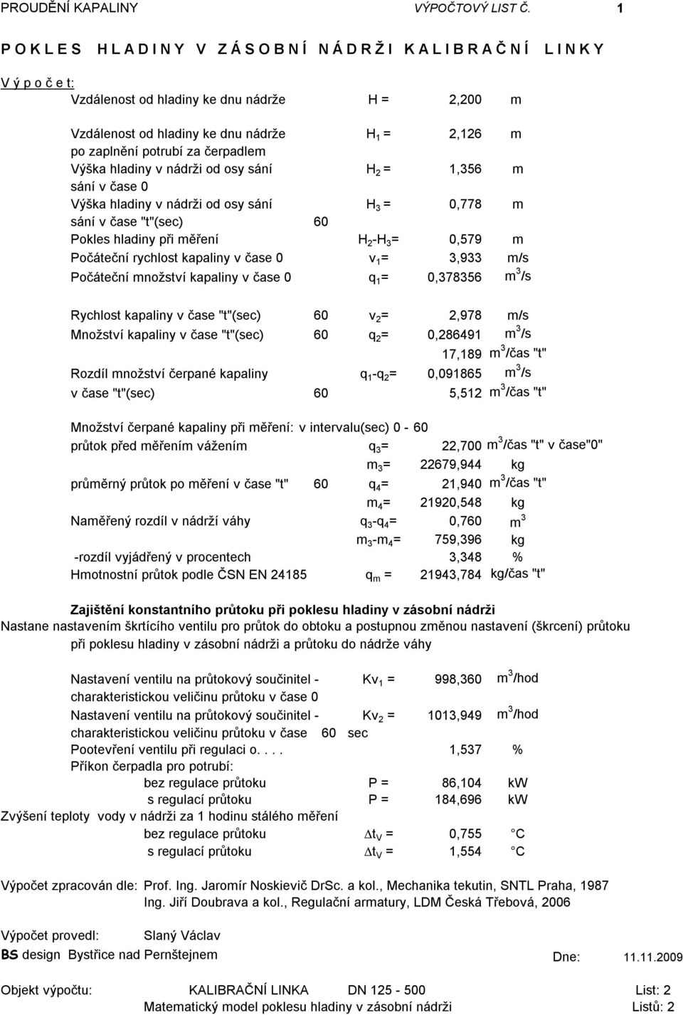 po zaplnění potrubí za čerpadlem Výška hladiny v nádrži od osy sání H 2 = 1,356 m sání v čase 0 Výška hladiny v nádrži od osy sání H 3 = 0,778 m sání v čase "t"(sec) 60 Pokles hladiny při měření H 2