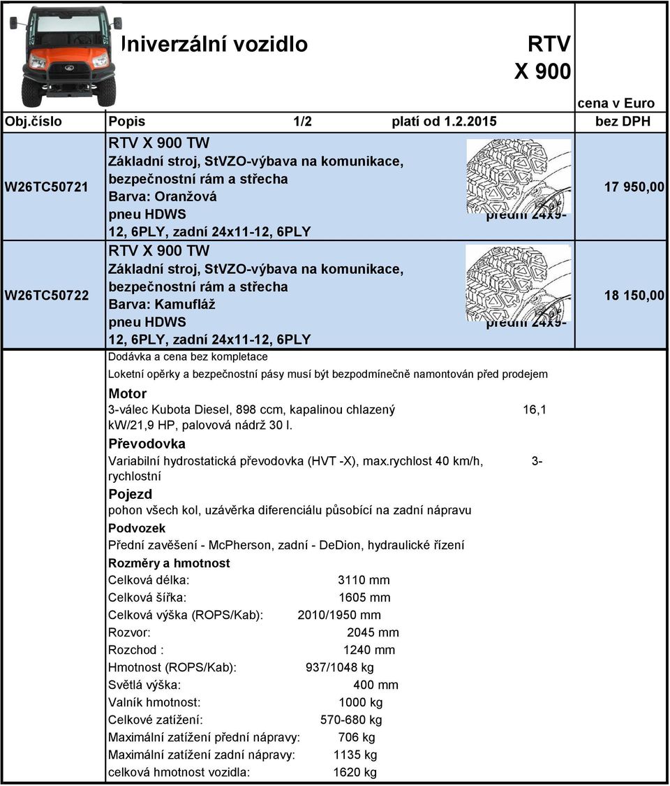 2015 bez DPH W26TC50721 W26TC50722 RTV X 900 TW Základní stroj, StVZO-výbava na komunikace, bezpečnostní rám a střecha Barva: Oranžová RTV X 900 TW Základní stroj, StVZO-výbava na komunikace,