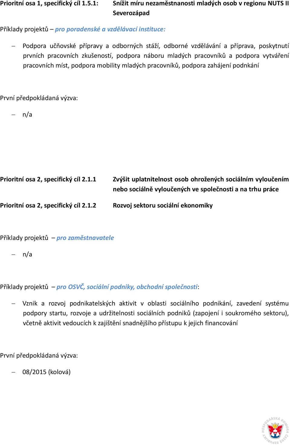 pskytnutí prvních pracvních zkušenstí, pdpra nábru mladých pracvníků a pdpra vytváření pracvních míst, pdpra mbility mladých pracvníků, pdpra zahájení pdnkání První předpkládaná výzva: n/a Priritní