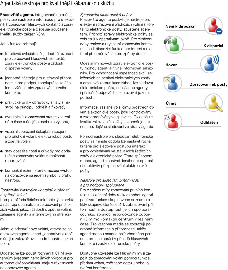 Jeho funkce zahrnují: Intuitivně ovladatelné, jednotné rozhraní pro zpracování hlasových kontaktů, zpráv elektronické pošty a žádostí o zpětné volání, jednotné nástroje pro zjišťování přítomnosti a