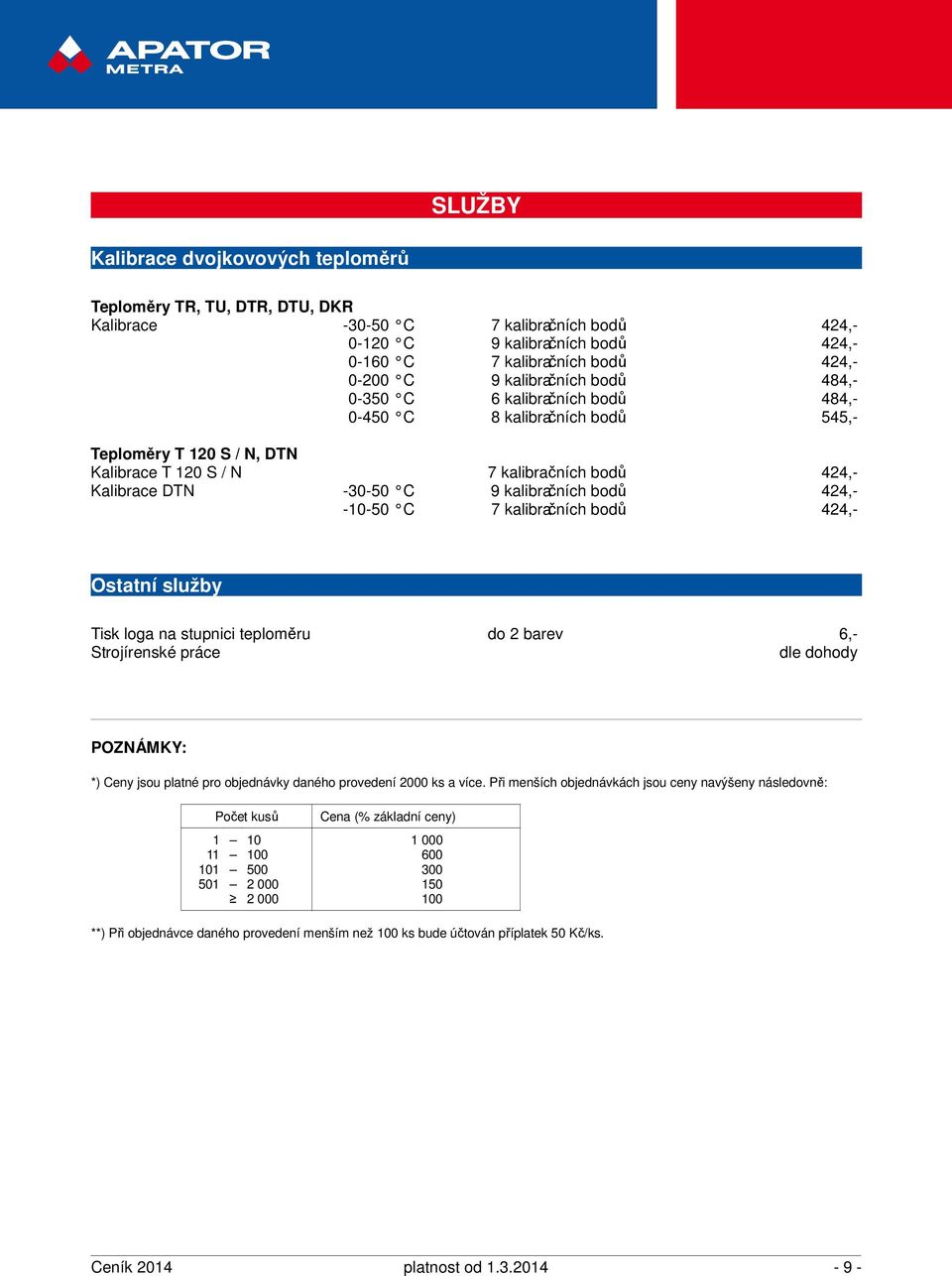 kalibračních bodů 424,- -10-50 C 7 kalibračních bodů 424,- Ostatní služby Tisk loga na stupnici teploměru do 2 barev 6,- Strojírenské práce dle dohody POZNÁMKY: *) Ceny jsou platné pro objednávky