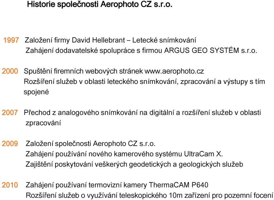 cz Rozšíření služeb v oblasti leteckého snímkování, zpracování a výstupy s tím spojené 2007 Přechod z analogového snímkování na digitální a rozšíření služeb v oblasti