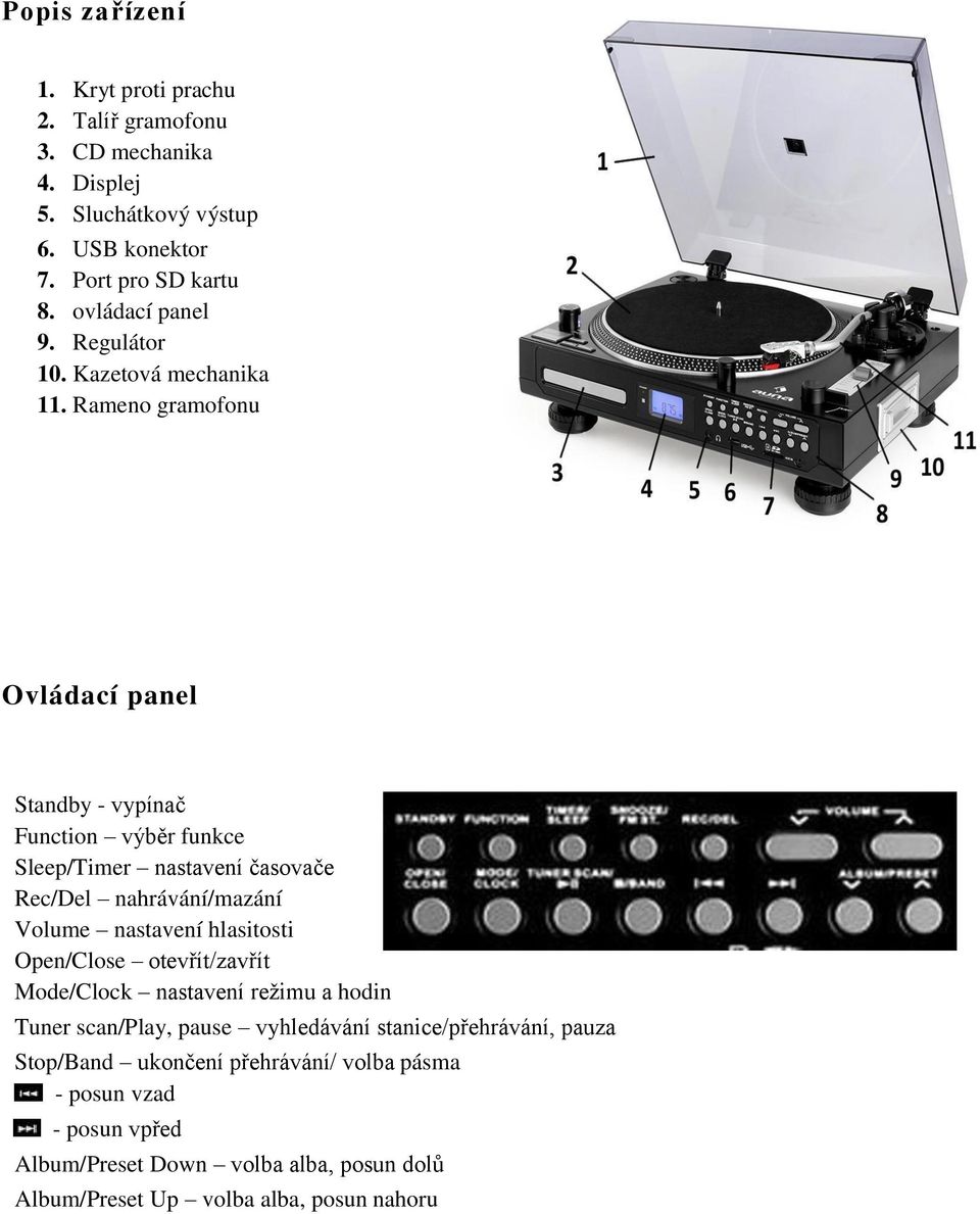 Rameno gramofonu Ovládací panel Standby - vypínač Function výběr funkce Sleep/Timer nastavení časovače Rec/Del nahrávání/mazání Volume nastavení hlasitosti