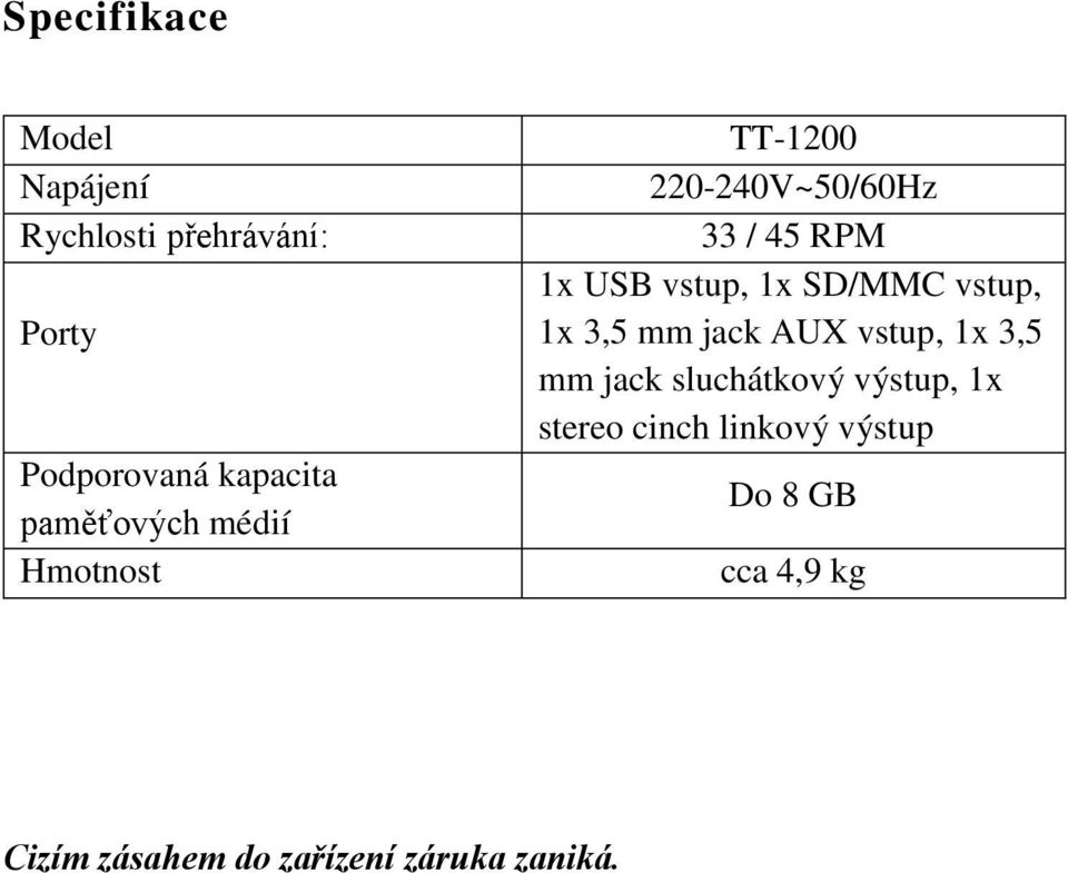 SD/MMC vstup, 1x 3,5 mm jack AUX vstup, 1x 3,5 mm jack sluchátkový výstup, 1x