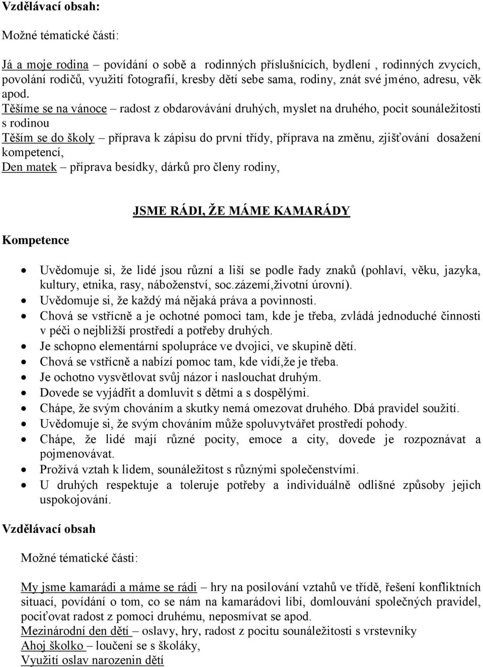 Těšíme se na vánoce radost z obdarovávání druhých, myslet na druhého, pocit sounáležitosti s rodinou Těším se do školy příprava k zápisu do první třídy, příprava na změnu, zjišťování dosažení